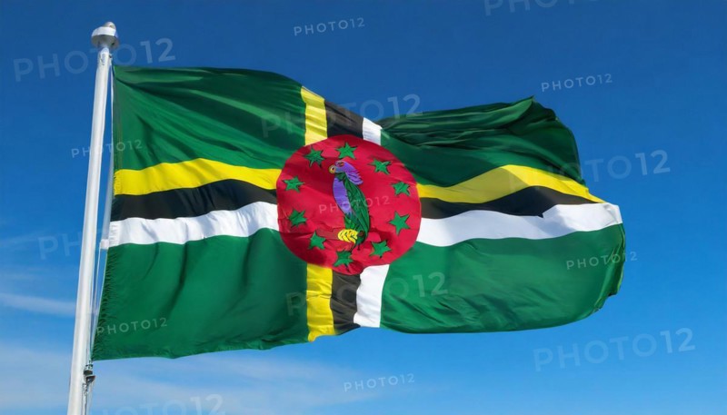 The flag of Dominica, Lesser Antilles, Caribbean, fluttering in the wind, isolated, against the blue sky