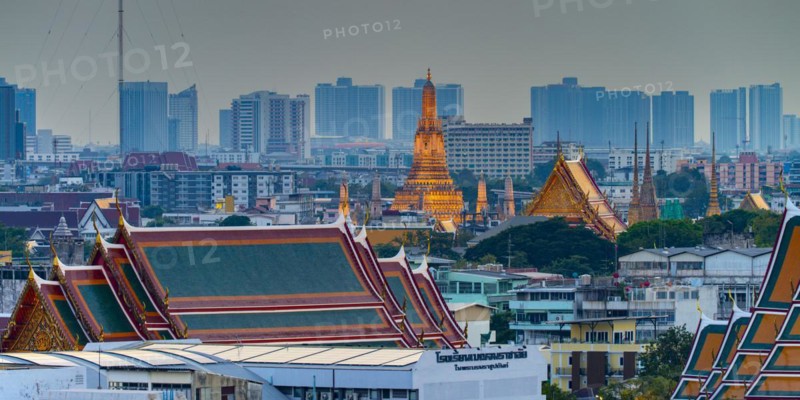 Panorama from Golden Mount to the illuminated Wat Ratchabophit, Wat Rachapradit, Wat Pho and Wat Arun, Bangkok, Thailand, Asia