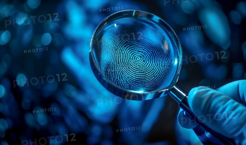 Crime scene with investigator wearing surgical glove viewing A fingerprint through the glass of a magnifying glass. generative AI, AI generated