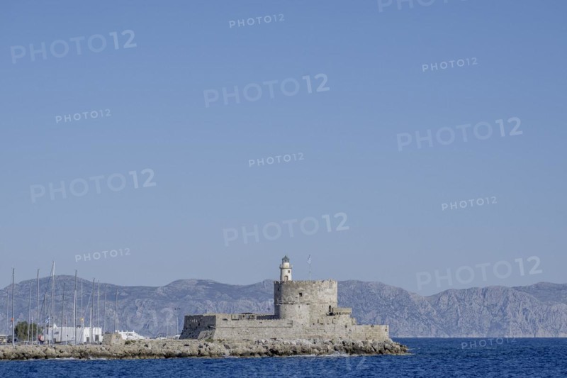 Agios Nikolaos Fortress with Lighthouse, Mandraki Harbour, Rhodes Town, Rhodes, Greece, Europe