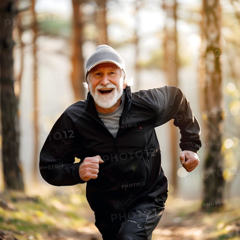 An older man runs smiling in sportswear in a sun-drenched forest, start running, start, advert, special offer, AI generated