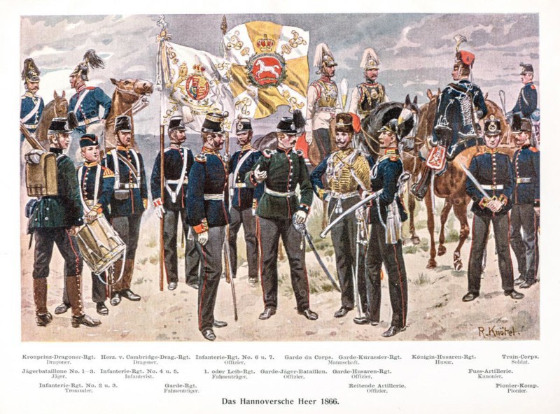 Historical, coloured illustration, colour plate uniforms of the Hanoverian army 1866, soldiers and officers with flags, drums, weapons and horses, dragoons, hunters, infantry, drummers, standard bearers, guard hussars, cuirassiers, artillery, pioneers, print with visible halftone dots from 'Zur Erinnerung an die Koeniglich Hannoversche Armee und ihre Stammtruppen', commemorative sheet for the celebration of 19 December 1903, Meisenbach, Riffarth & Co., Germany, Europe
