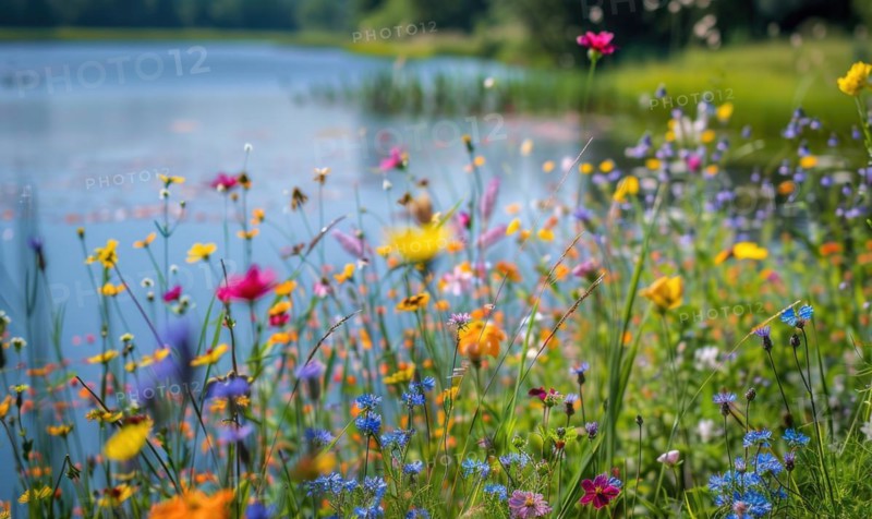 Close-up of vibrant wildflowers lining the banks of a spring lake AI generated