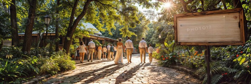 A wedding party walks through a sunlit garden with an empty signboard AI generated