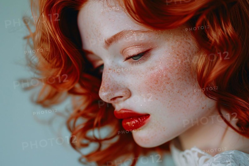 Face of beautiful woman with freckles, red hair and glamorous makeup.KI generiert, generiert, AI generated