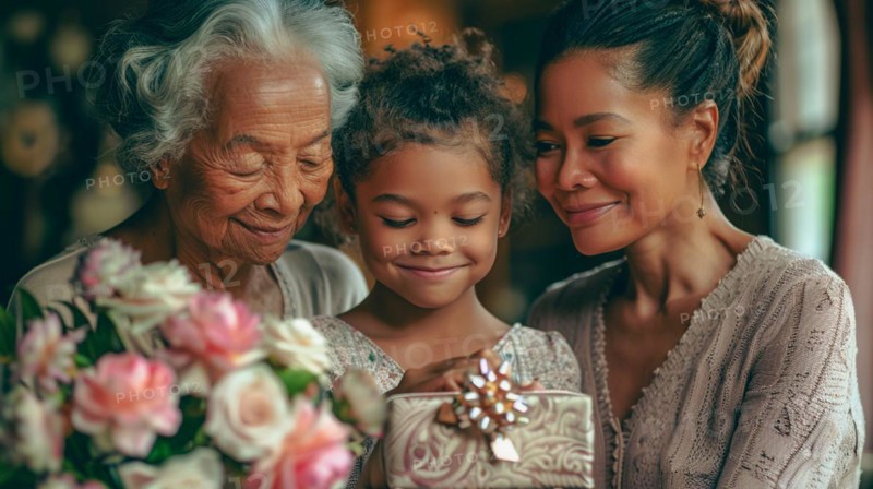 Three generations Mixed-race of a family exchange a thoughtful gift with tender affection, AI generated