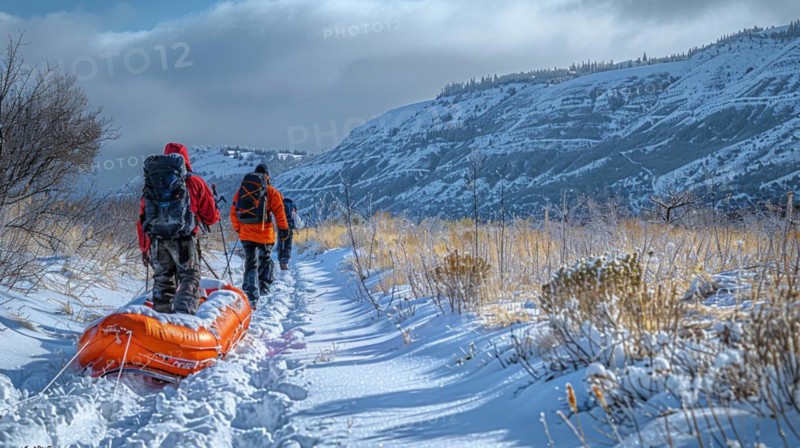 Hikers pulling a sled on a snowy trail equipped with winter gear, AI generated