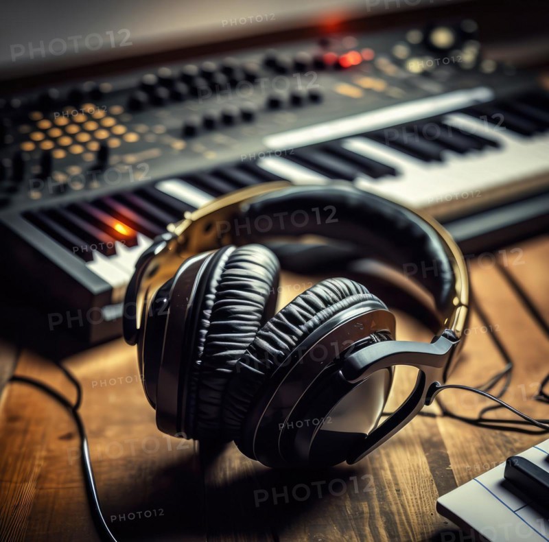 Professional headphones in the recording studio. Music and sound concept. Generative AI image, AI generated