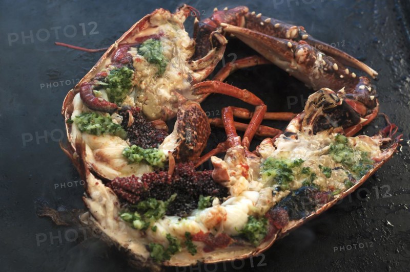 Stuffed lobster (homarus) with kabviar is grilled on a plancha, Atlantic coast, Vandee, France, Europe