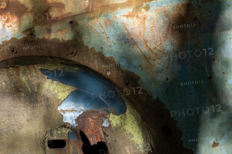 Rust on car bodywork, Kyrkoe Mosse car cemetery, Ryd, Tingsryd, Kronobergs laen, Sweden, Europe