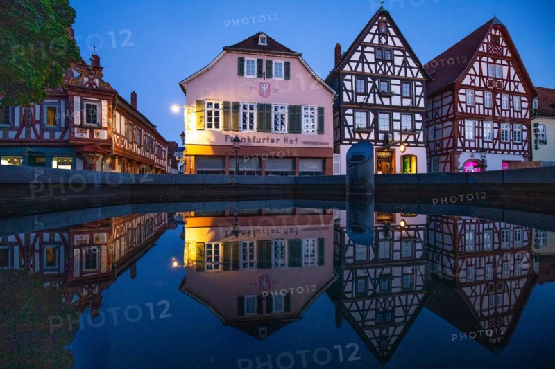 View of an old town, half-timbered houses and streets in a town. Seligenstadt am Main, Hesse Germany