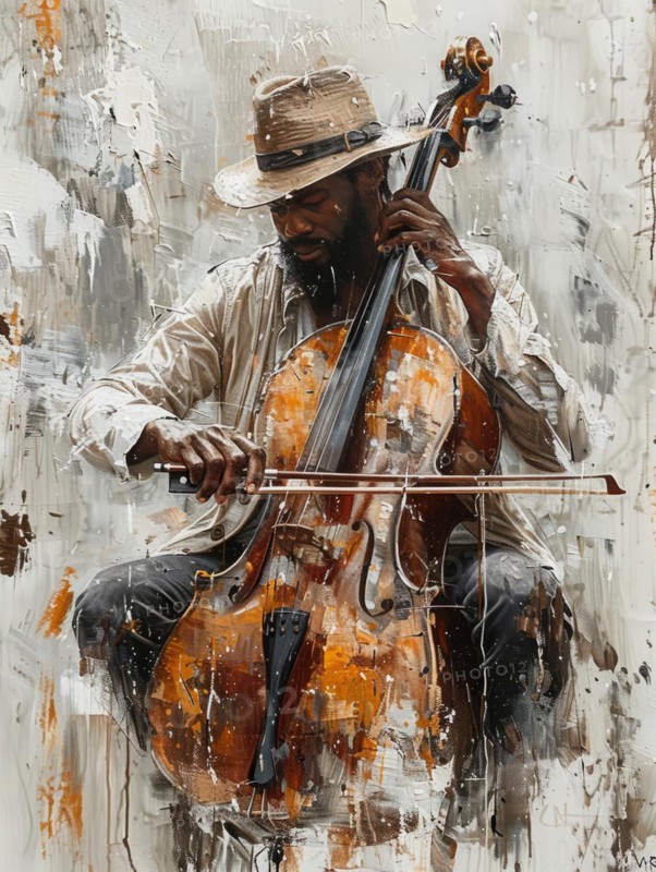 Gritty textured painting of a street musician playing the cello with an urban feel, AI Generated, AI generated