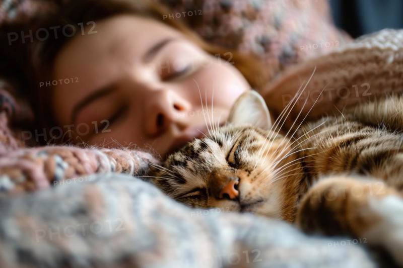 Cute tabby cat sleeping with human in bed. KI generiert, generiert, AI generated