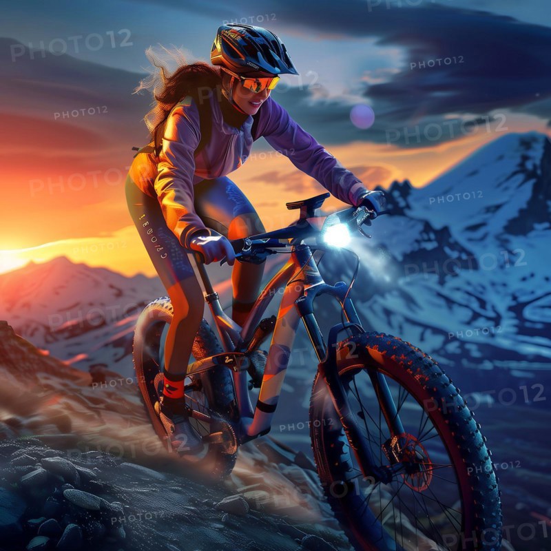 Cyclist on a mountain bike at sunset in a snowy mountain landscape, AI generated