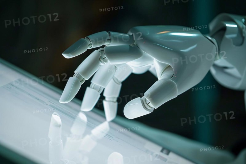 Whire robitic artificial intelligence hand on digital computer tablet. KI generiert, generiert, AI generated
