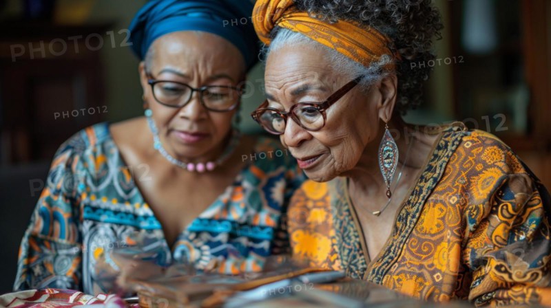 Two elderly asian women in vibrant cultural attire engaged in reading and sharing knowledge, AI generated