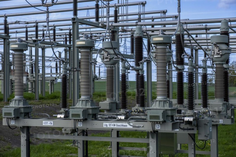 Insulators at the Avacon substation in Helmstedt, Helmstedt, Lower Saxony, Germany, Europe