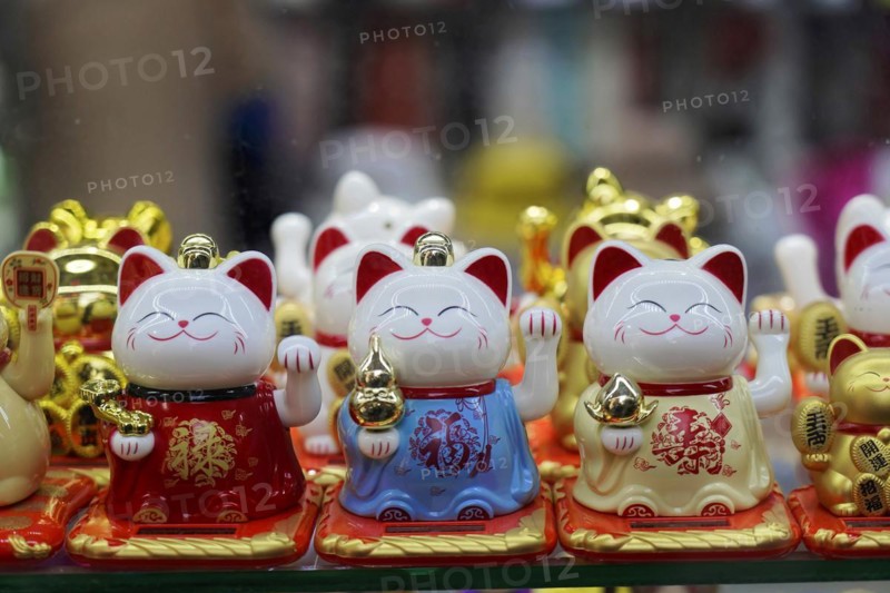 Strolling through the restored Tianzifang neighbourhood, A collection of golden waving cats, which are considered lucky charms, on a shelf, Shanghai, China, Asia