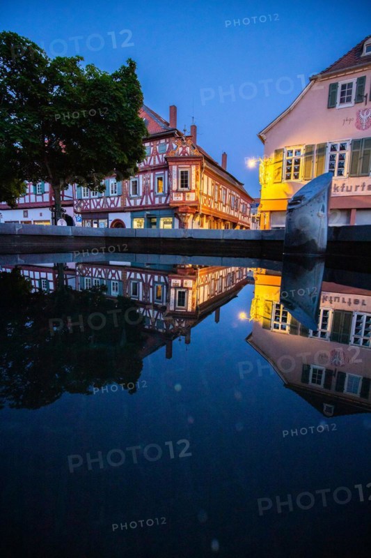 View of an old town, half-timbered houses and streets in a town. Seligenstadt am Main, Hesse Germany