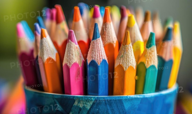 Close-up of a bunch of colored pencils, abstract background with colored pencils macro view AI generated