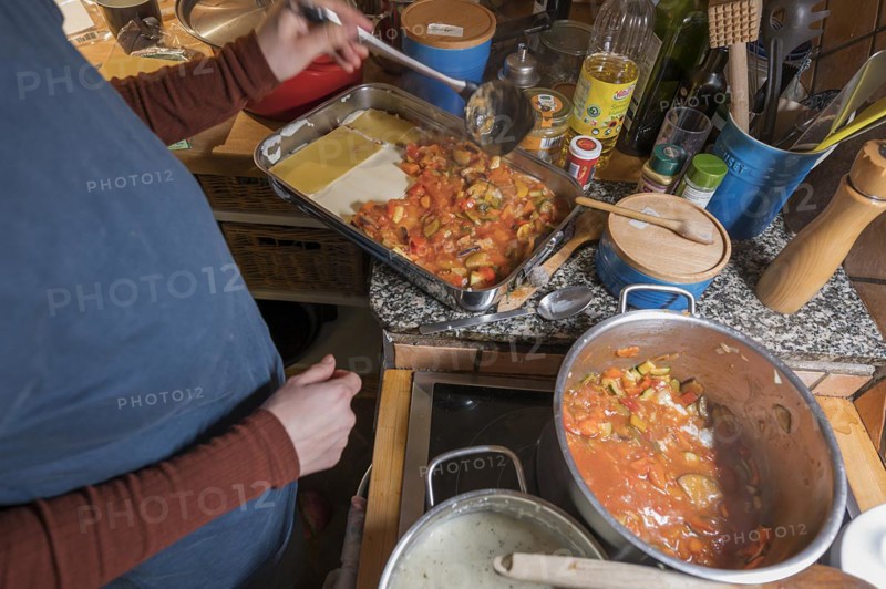 Preparation of a vegetable lasagne, Mecklenburg-Vorpommern, Germany, Europe