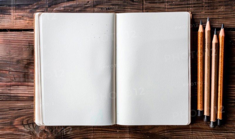 A sketchbook open to a blank page with graphite pencils beside it AI generated