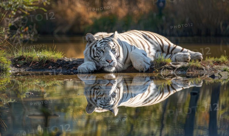 A white tiger lounging gracefully by a tranquil pond AI generated