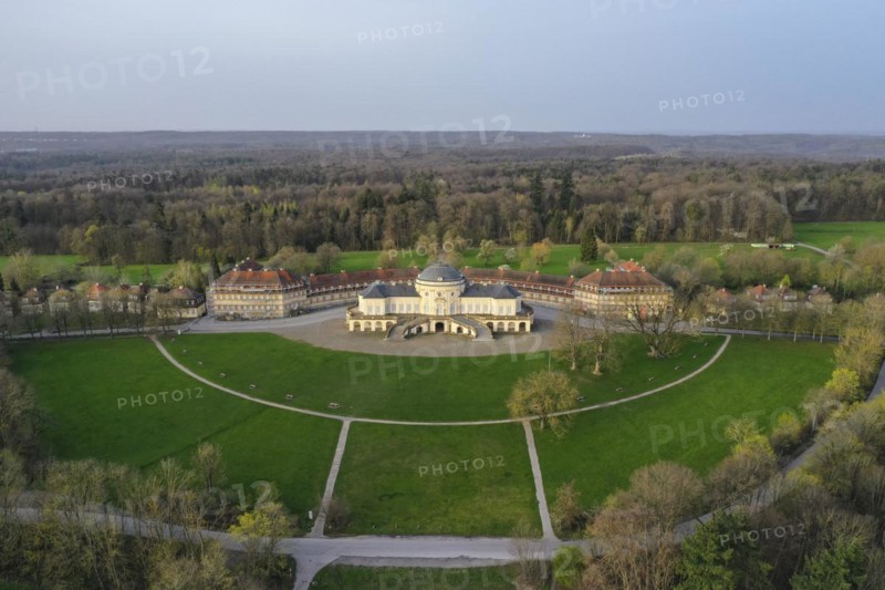 Aerial view of the rococo-style hunting and pleasure palace Schloss Solitude, built by Duke Carl Eugen von Wuerttemberg, Stuttgart, Baden-Wuerttemberg, Germany, Europe