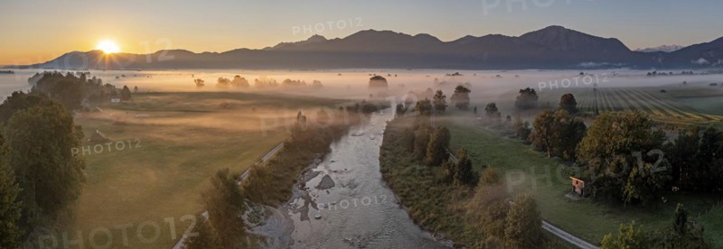 Aerial view, river with fog in front of mountains, panorama, sunrise, backlight, summer, Loisach, Alpine foothills, Bavaria, Germany, Europe