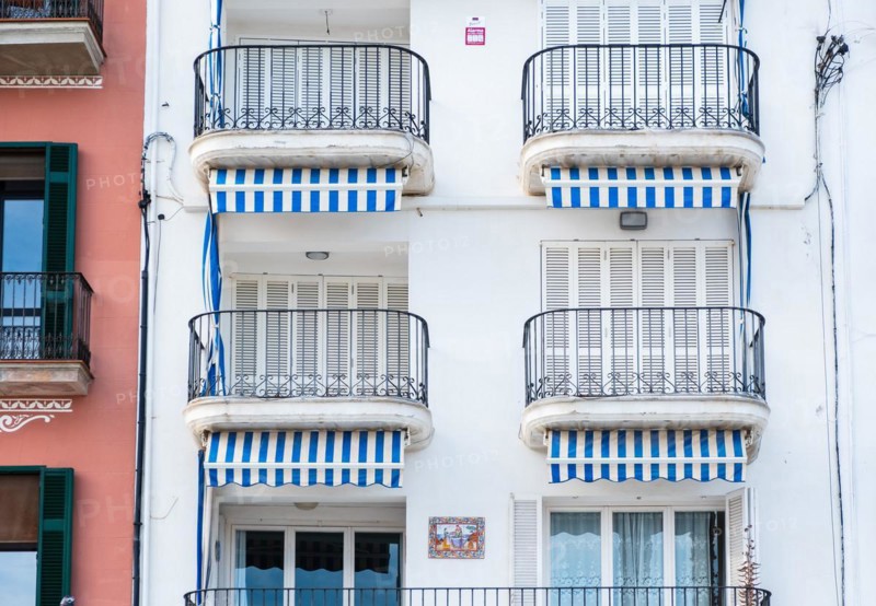 Balconies of a hotel on the seafront promenade in Sitges, Spain, Europe
