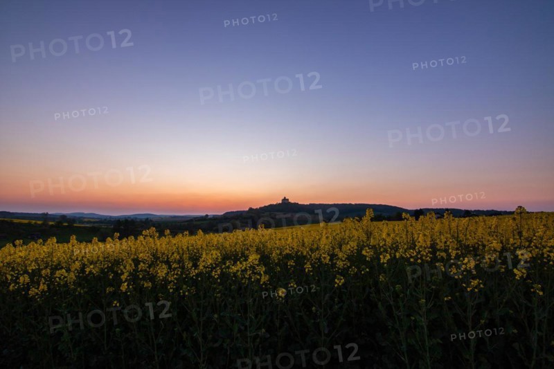 Landscape at sunrise. Beautiful morning landscape with fresh yellow rape fields in spring. Small castle in the yellow fields on a hill. Historic Ronneburg Castle in the middle of nature, Ronneburg, Hesse, Germany, Europe