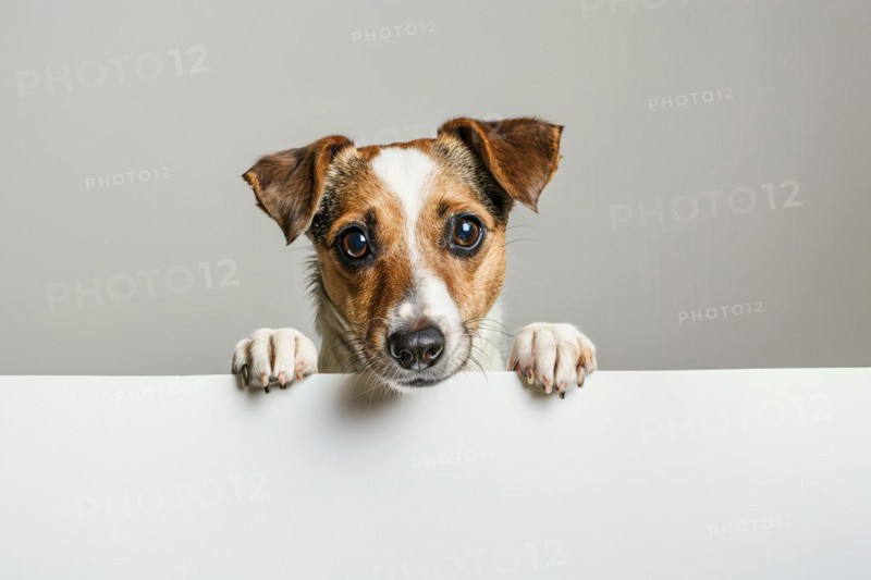 Errier dog with large empty white sign in front of gray studio background. KI generiert, generiert, AI generated