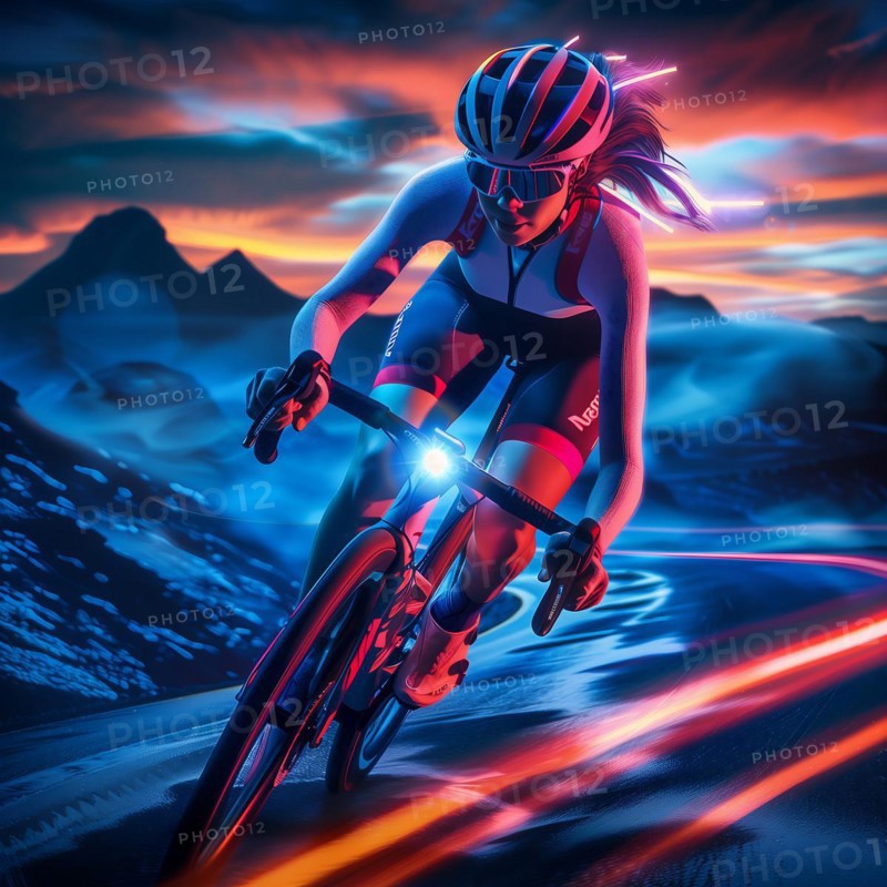 Cyclist on a racing bike with neon lights at night in a mountain environment, AI generated