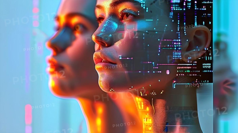 AI generated human portrait transitioning from lifelike human to a pixelated digital effect