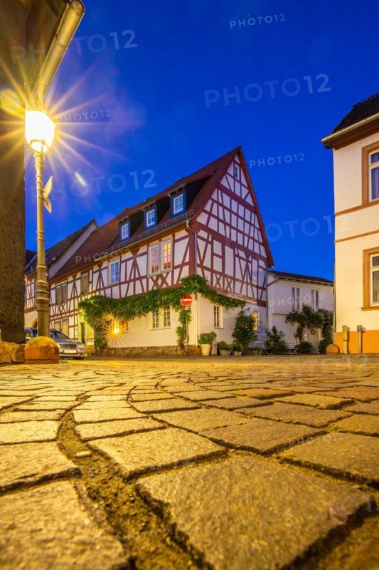 View of an old town, half-timbered houses and streets in a town. Seligenstadt am Main, Hesse Germany