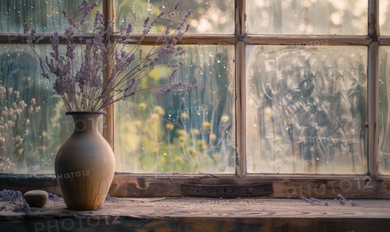 A vintage window sill with a ceramic vase containing lavender flower AI generated