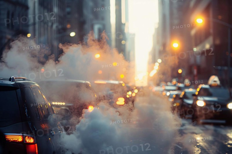 City street full of smoke caused by car exhaust gas, KI generiert, generiert, AI generated
