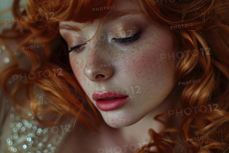 Face of beautiful woman with freckles, red hair and closed eyes. KI generiert, generiert, AI generated