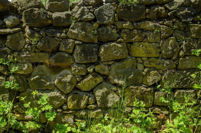 Old dilapidated masonry made of fieldstones with lush greenery in front of it
