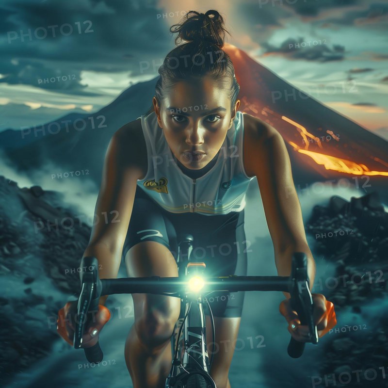 Cyclist in front of the backdrop of an active volcano, the twilight intensifies the dramatic scene, AI generated