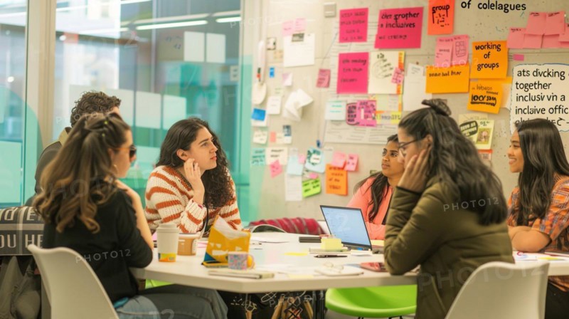 Relaxed office meeting with a team planning and collaborating surrounded by post-it notes, AI generated