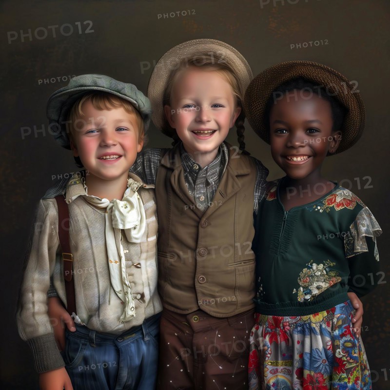 Three children smiling in retro clothes and accessories, evoking a nostalgic feeling, group picture with laughing children of different nationalities and cultures, KI generated, AI generated