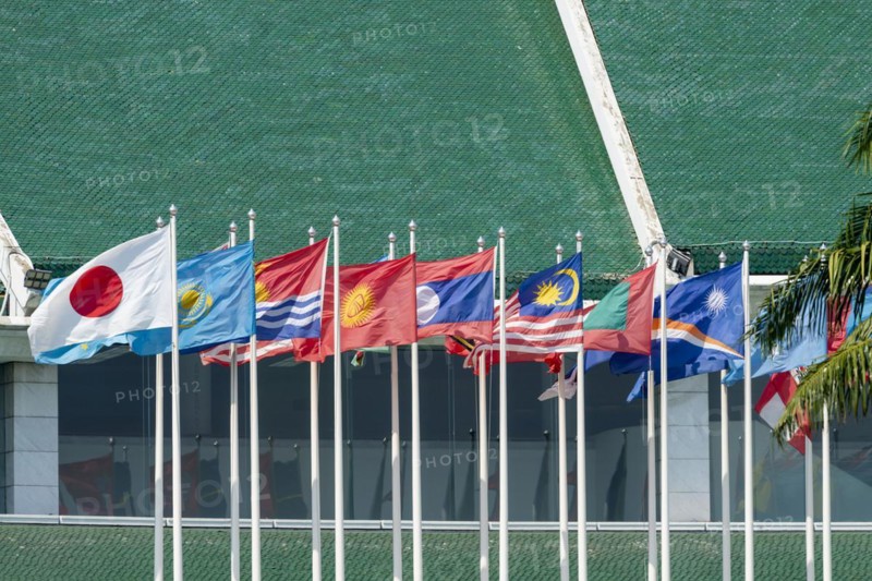 Many flags in front of the United Nations Conference Centre, Bangkok, Thailand, Asia