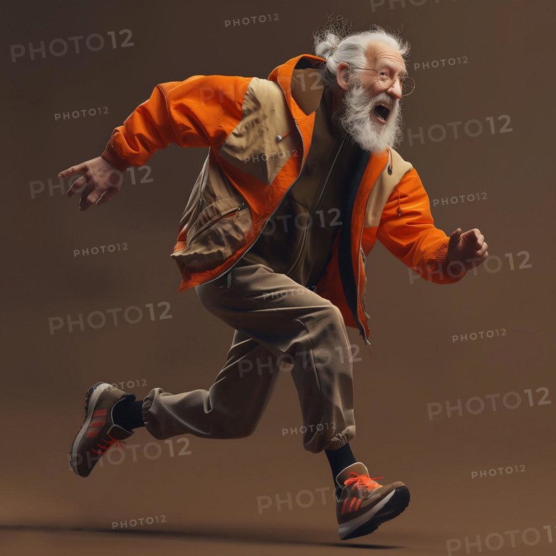 Old man in orange-brown clothing jumps dynamically with outstretched arms in front of a brown background, run, start, advert, special offer, AI generated