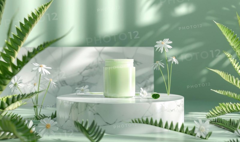 Aloe vera gel product promotion featuring a blank jar mockup showcased on a marble produce podium AI generated