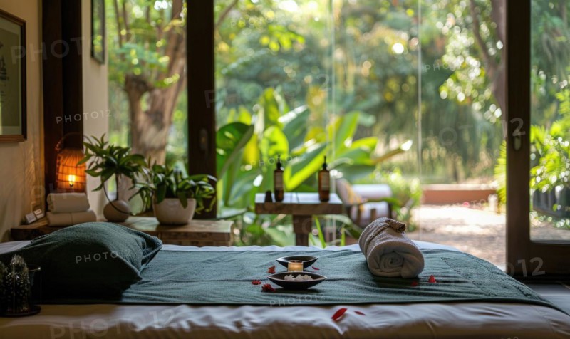 A tranquil spa retreat offering aloe vera infused facials and body treatments amidst lush greenery and natural surroundings AI generated