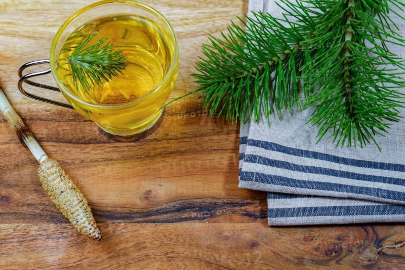 Infusion of medicinal plant, horsetail Equisetum arvense with fresh branches for health care on a wooden table