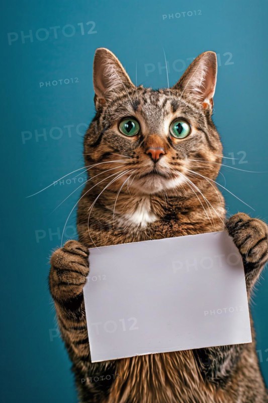 Tabby cat holding empty white sign in front of blue studio background. KI generiert, generiert, AI generated