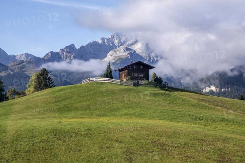 Hill with wooden house, Eckbauer, Werdenfelser Land, Garmisch-Partenkirchen, Upper Bavaria, Bavaria, Germany, Europe
