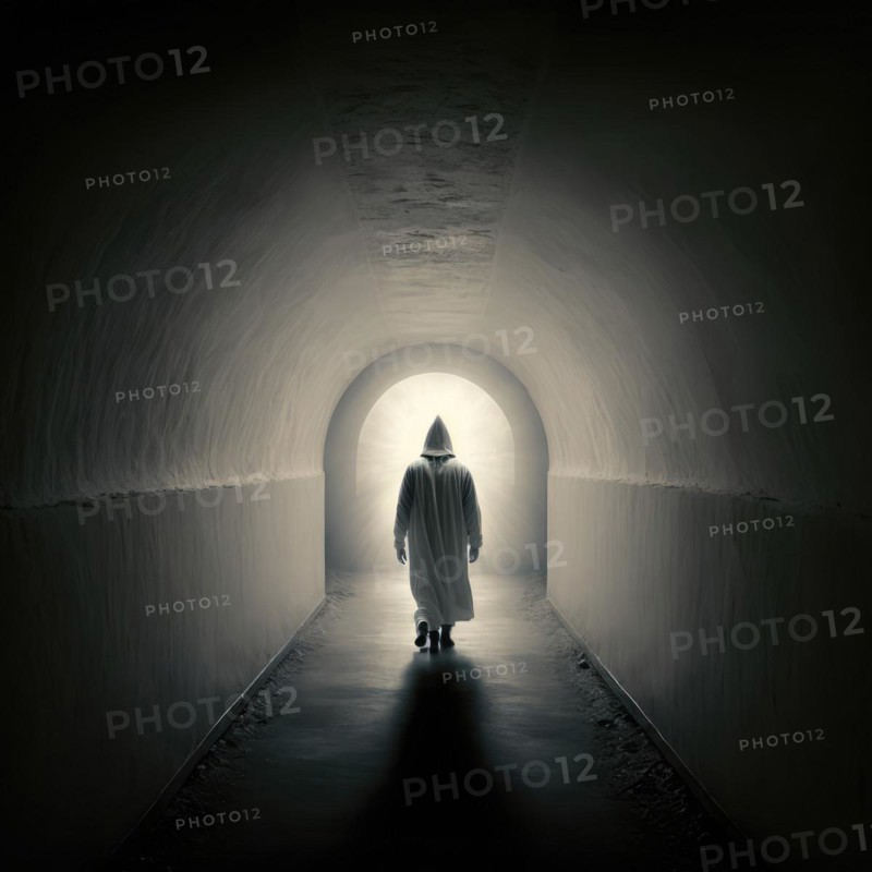 Silhouetted person in a hooded cloak walks towards light at the end of a dark tunnel, AI generated